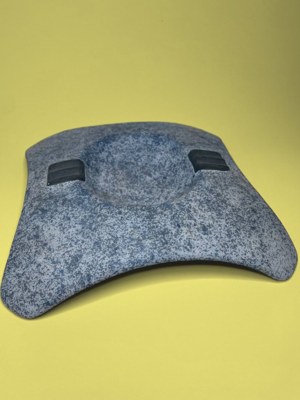 1980s Postmodern Ceramic Ashtray - Sponged Blue Speckled Arched Ashtray